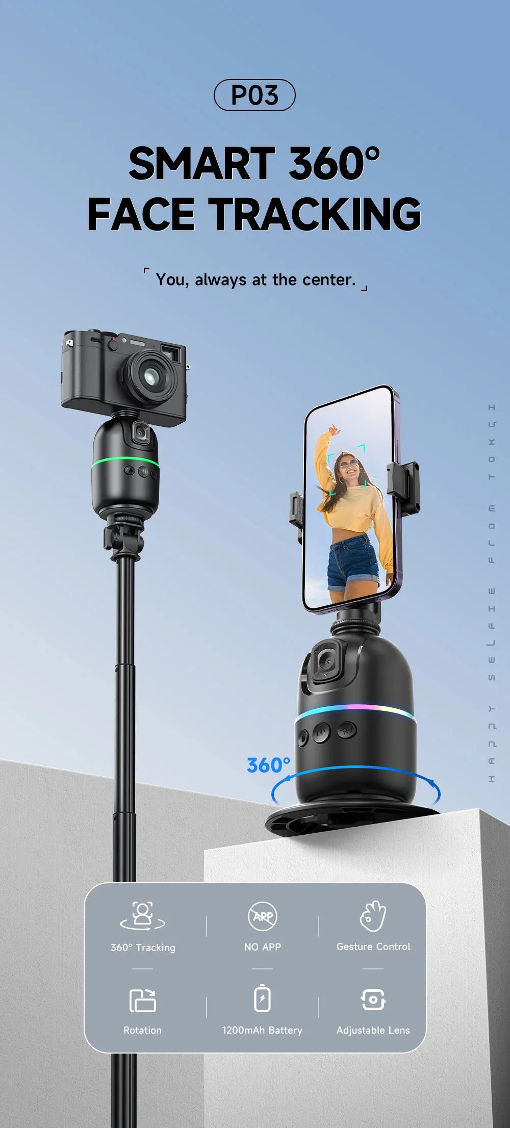 P03 Stabilizer 360°Auto Smart Face Tracking AI Gimbal Desktop Cell Phone Holder Tripod For Camera Smartphone Video Vlog Live
