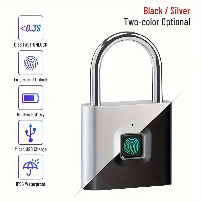 Compact Smart Fingerprint Padlock - Waterproof, Keyless Security, USB Rechargeable, Lightweight Zinc Alloy - Ideal for Luggage, Suitcases & Backpacks